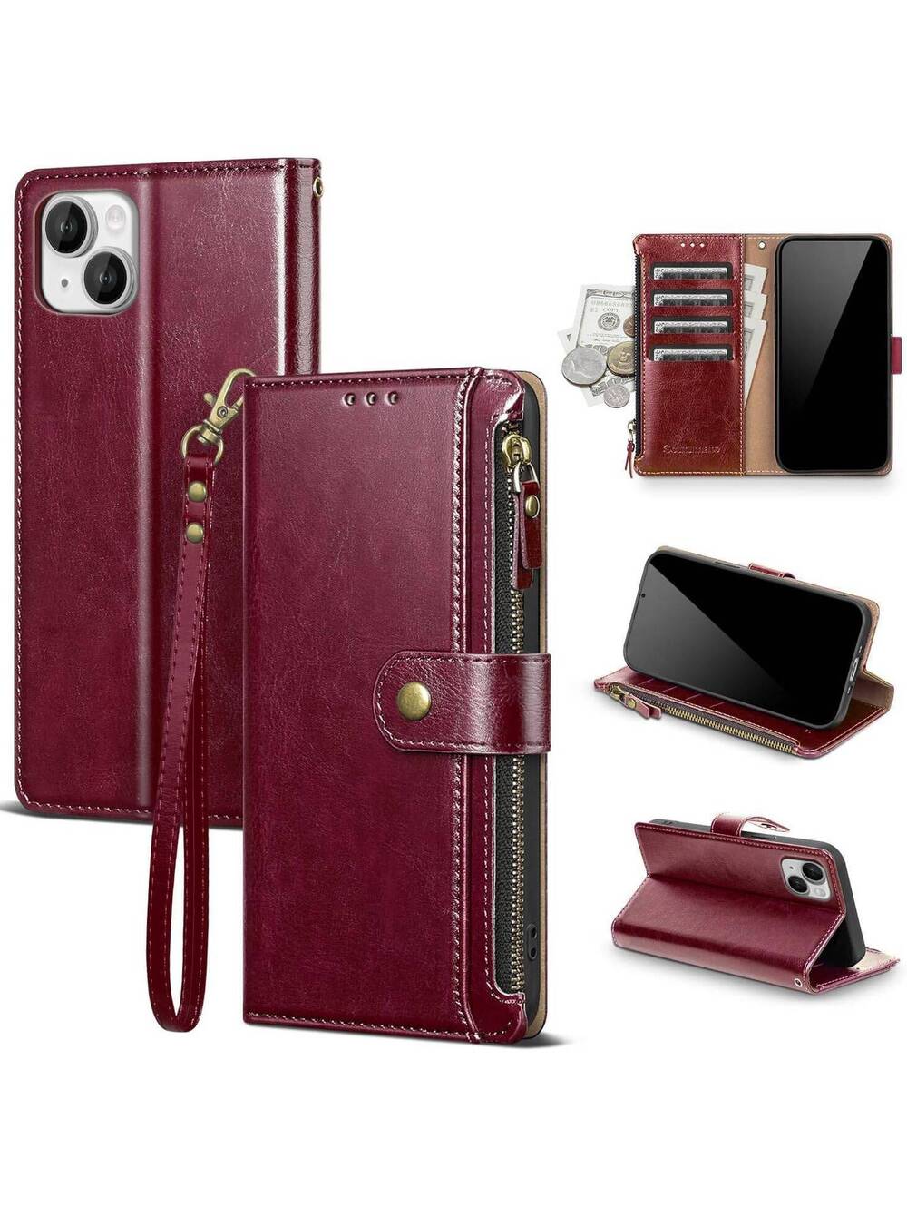 Scutumate RFID Wallet Case for iPhone 15, Wine Red, Wallet, Phone case